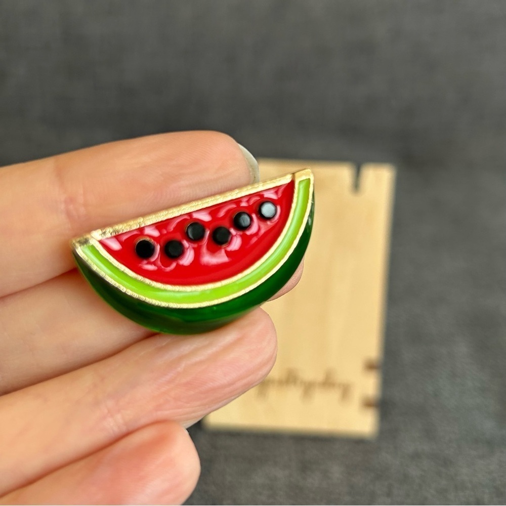 Watermelon Brooch Pin with Fashion Gemstones, Pink, Green, Black - Picture 3 of 17